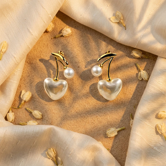 Gold-Plated Cherry Heart Pearl Drop Earrings - photo 2