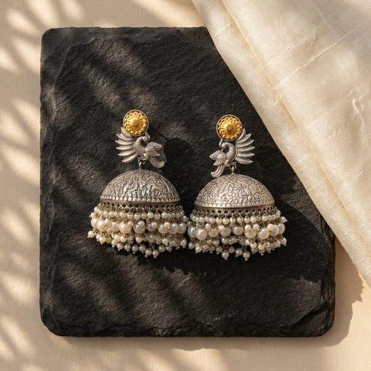 Peacock Dome Jhumka Earrings with Pearl Droplets