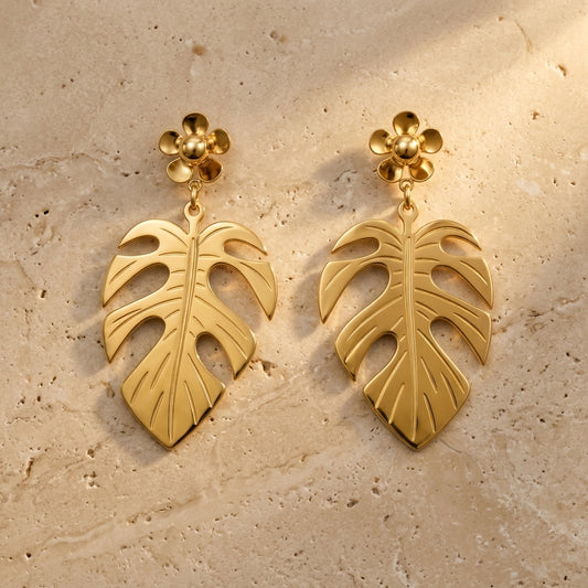 Golden Monstera Leaf Drop Earrings