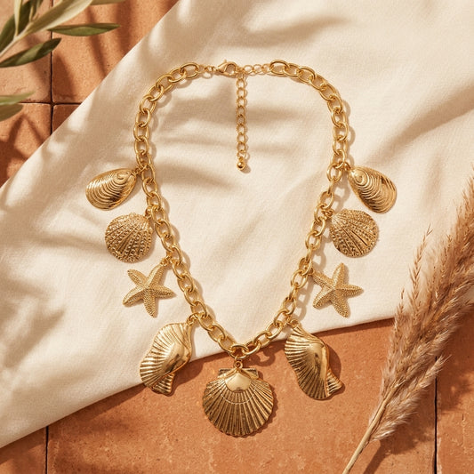 Pusha Coastal Charm Gold-Plated Shell & Starfish Statement Necklace for Women