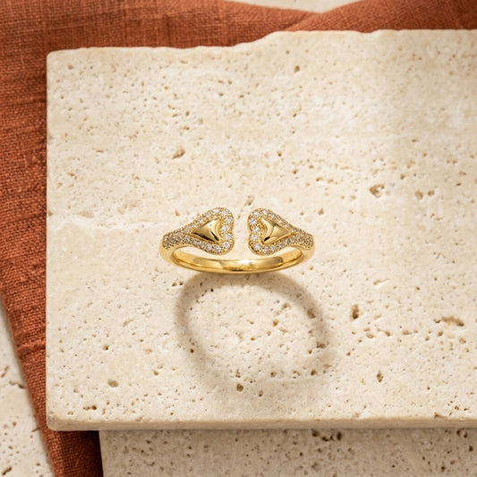 PUSHA Gold-Tone Open Band Ring for Women | Brass Fashion Ring with Twin Sculpted Ends & Decorative Stone Detailing | Minimal Statement Rin