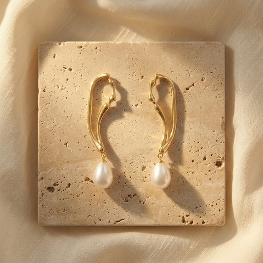 Golden Curve Pearl Earrings