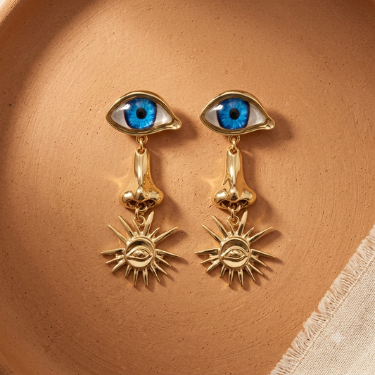 Golden Evil Eye & Sunburst Dangle Earrings with Blue Eyes