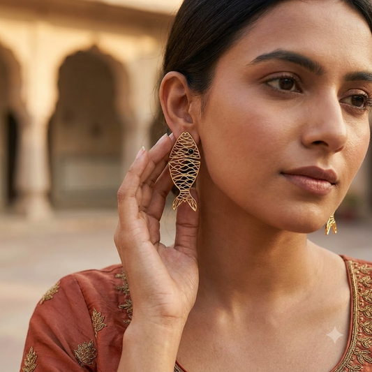 Gold-Plated Fish Design Statement Earrings with Black Stone