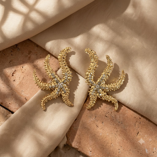Gold-Tone Starfish Design Crystal Stud Earrings