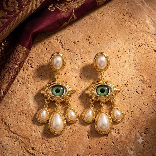 Gold-Plated Evil Eye Pearl Drop Earrings