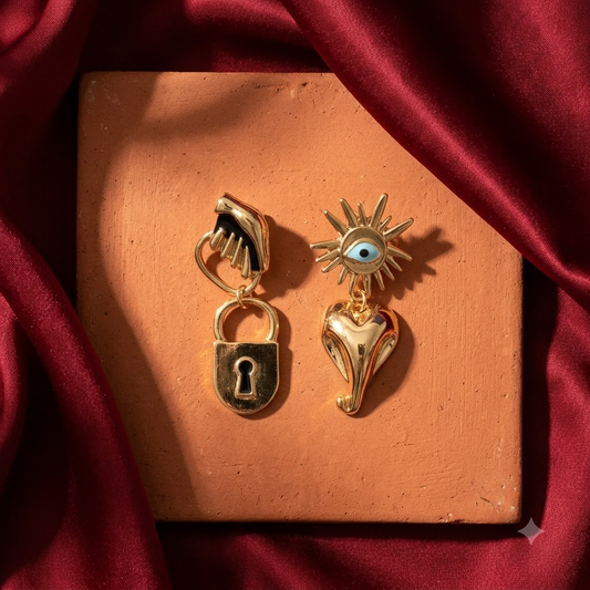 Gold-Plated Evil Eye Sun & Lock Pendant Drop Earrings  ( Black )