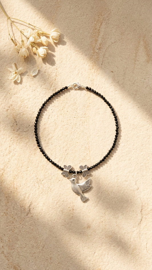 Black Beaded Dove Charm Anklet