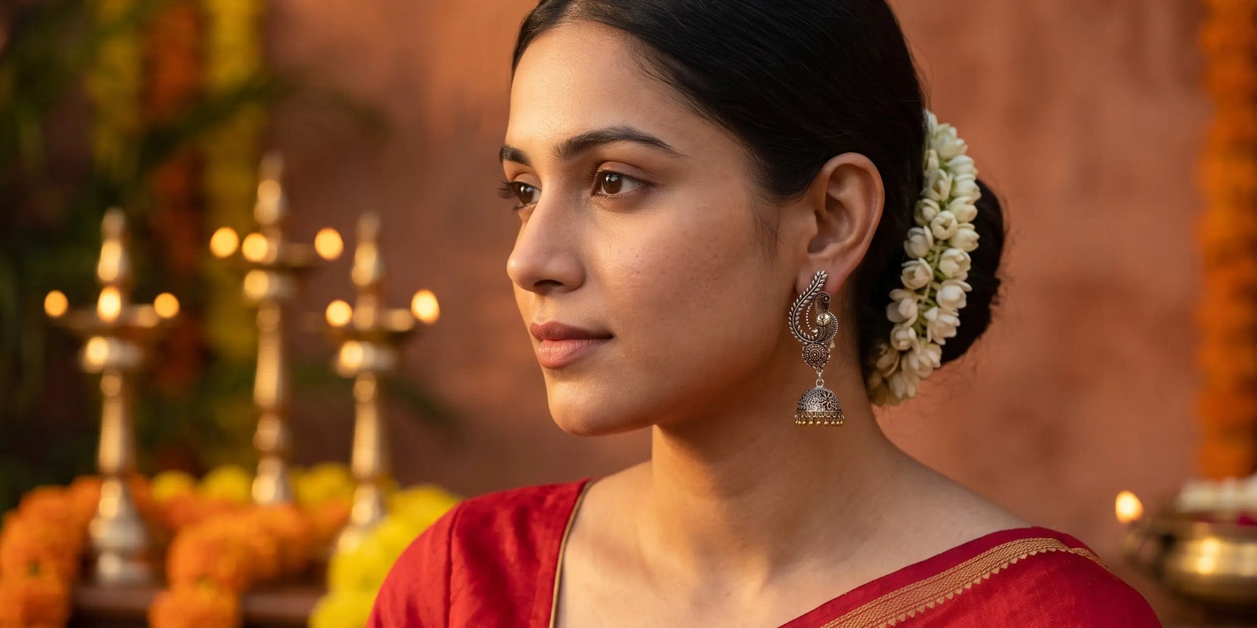 Model in a red silk saree wearing oxidised temple jhumkas